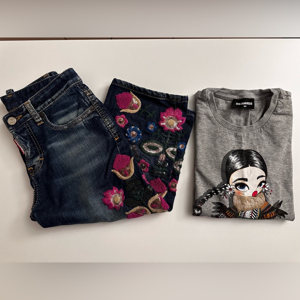 Dsquared2 Cropped jeans Embroidery + Long sleeve shirt. Girls Size 10